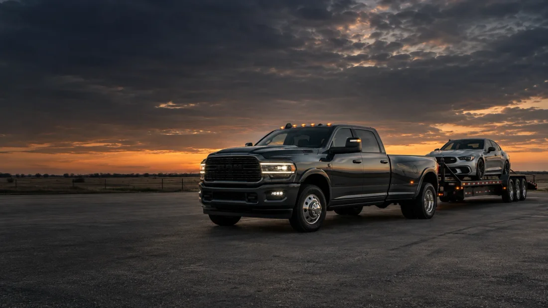 Concept image of a heavy-duty pickup and trailer at dusk