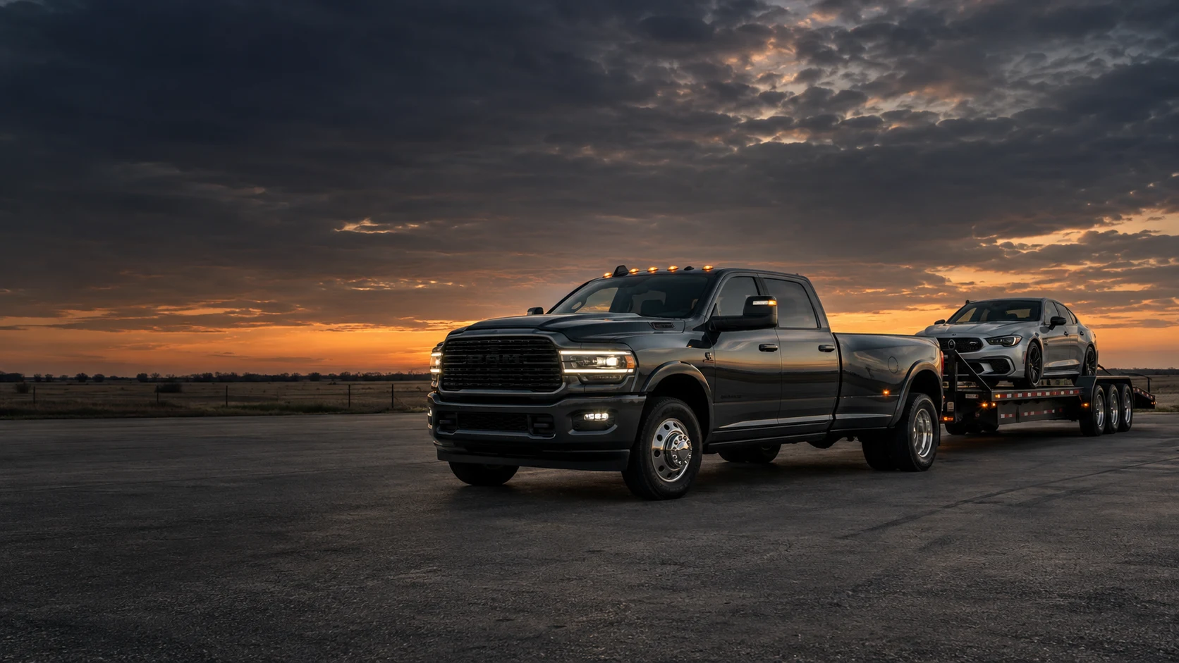 Illustrative heavy-duty pickup and vehicle trailer in the Texas countryside
